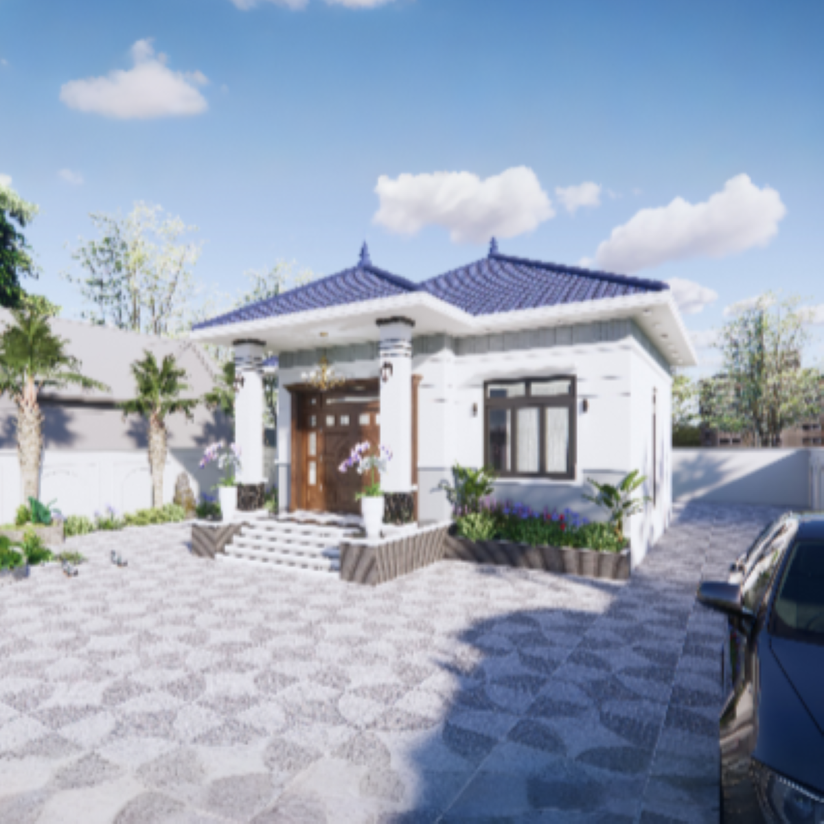 V598 | Bản vẽ thiết kế mẫu nhà vườn mái Nhật, 1 tầng 3 phòng ngủ, kích thước 11x8m, bản in A3 đẹp, có phối cảnh 3D