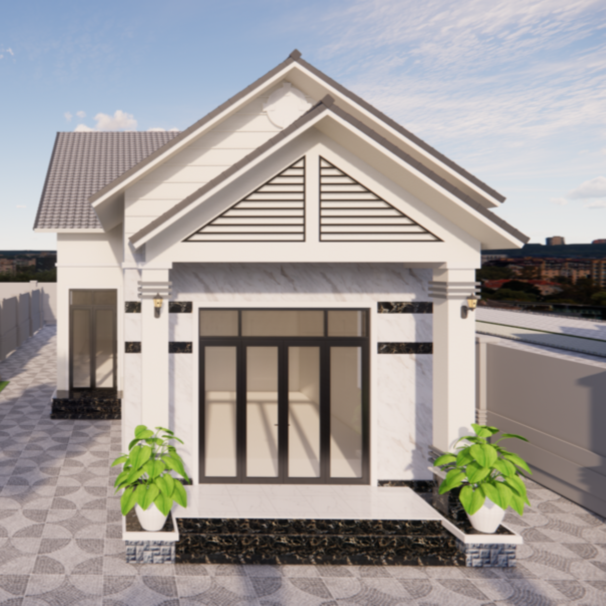 V332 | Bản vẽ thiết kế mẫu nhà mái Thái hiện đại 1 tầng 3 phòng ngủ, kích thước 7.5x21m, bản in A3 đẹp, phối cảnh 3D