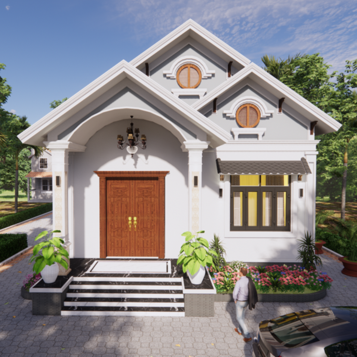 V325 | Bản vẽ thiết kế mẫu nhà vườn mái Thái 1 tầng 3 phòng ngủ, kích thước 9x15.7m, bản in A3 đẹp, có phối cảnh 3D