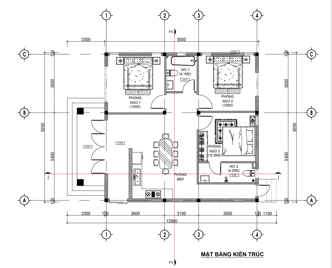 BG456 | Bản vẽ thiết kế mẫu nhà mái Nhật 1 tầng 3 phòng ngủ kích thước 9x13