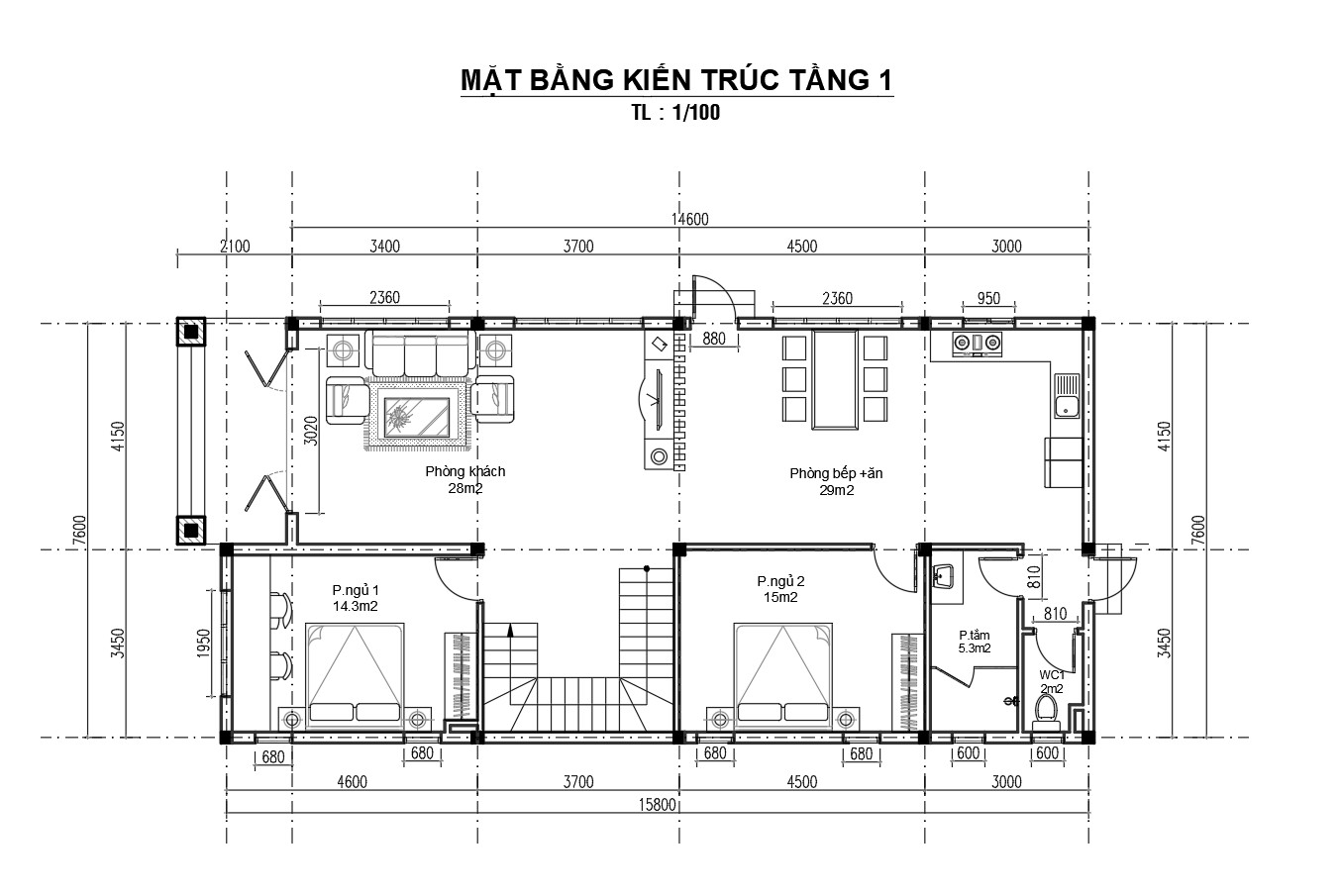V923 | Bản vẽ kiến trúc mẫu thiết kế nhà mái Nhật 2 tầng 6 phòng ngủ kích thước 7,8x15,8m