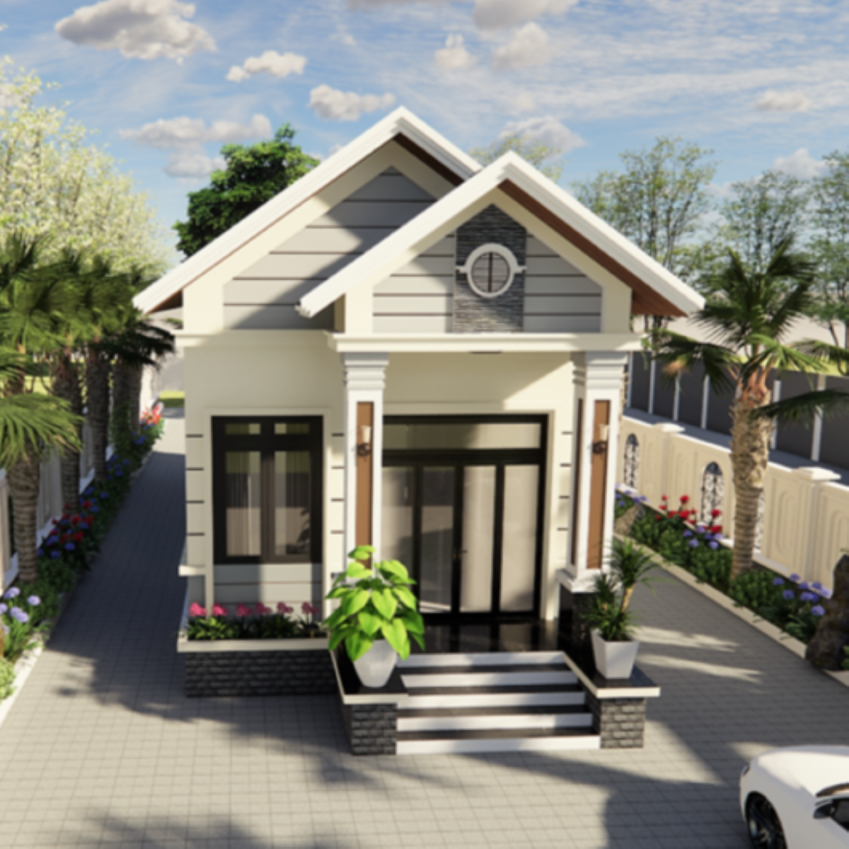 V368 | Bản vẽ thiết kế Kiến trúc mẫu nhà cấp 4 mái Thái hiện đại 2 phòng ngủ, kích thước 5.2x14.3m, bản in A3 đẹp, phối cảnh 3D