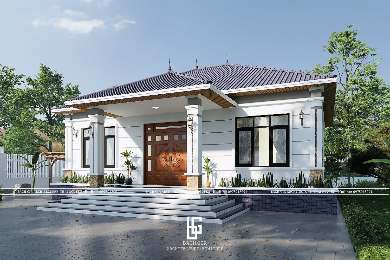 M052026 | Hồ sơ thiết kế kiến trúc mẫu nhà Mái Nhật 1 tầng 4PN kích thước 14x15m