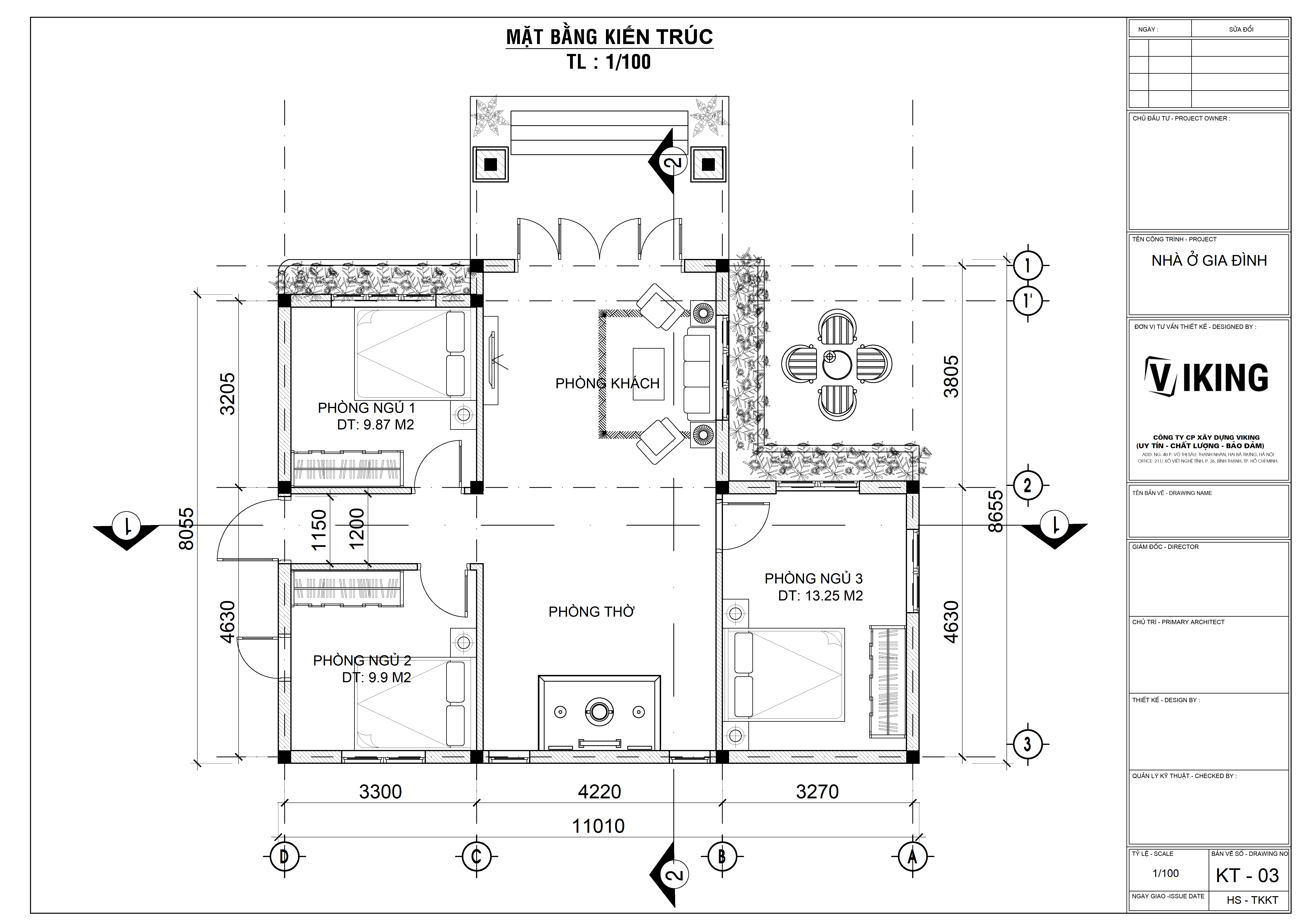 V598 | Bản vẽ thiết kế mẫu nhà vườn mái Nhật, 1 tầng 3 phòng ngủ, kích thước 11x8m, bản in A3 đẹp, có phối cảnh 3D