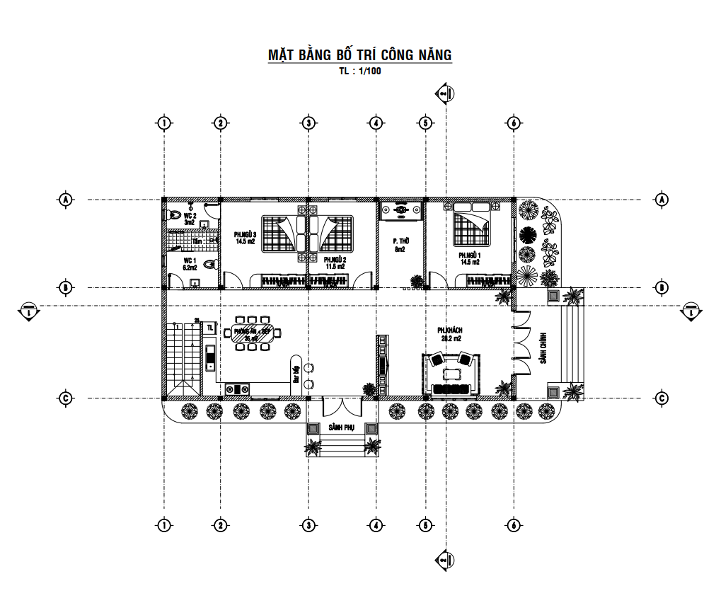 V325 | Bản vẽ thiết kế mẫu nhà vườn mái Thái 1 tầng 3 phòng ngủ, kích thước 9x15.7m, bản in A3 đẹp, có phối cảnh 3D