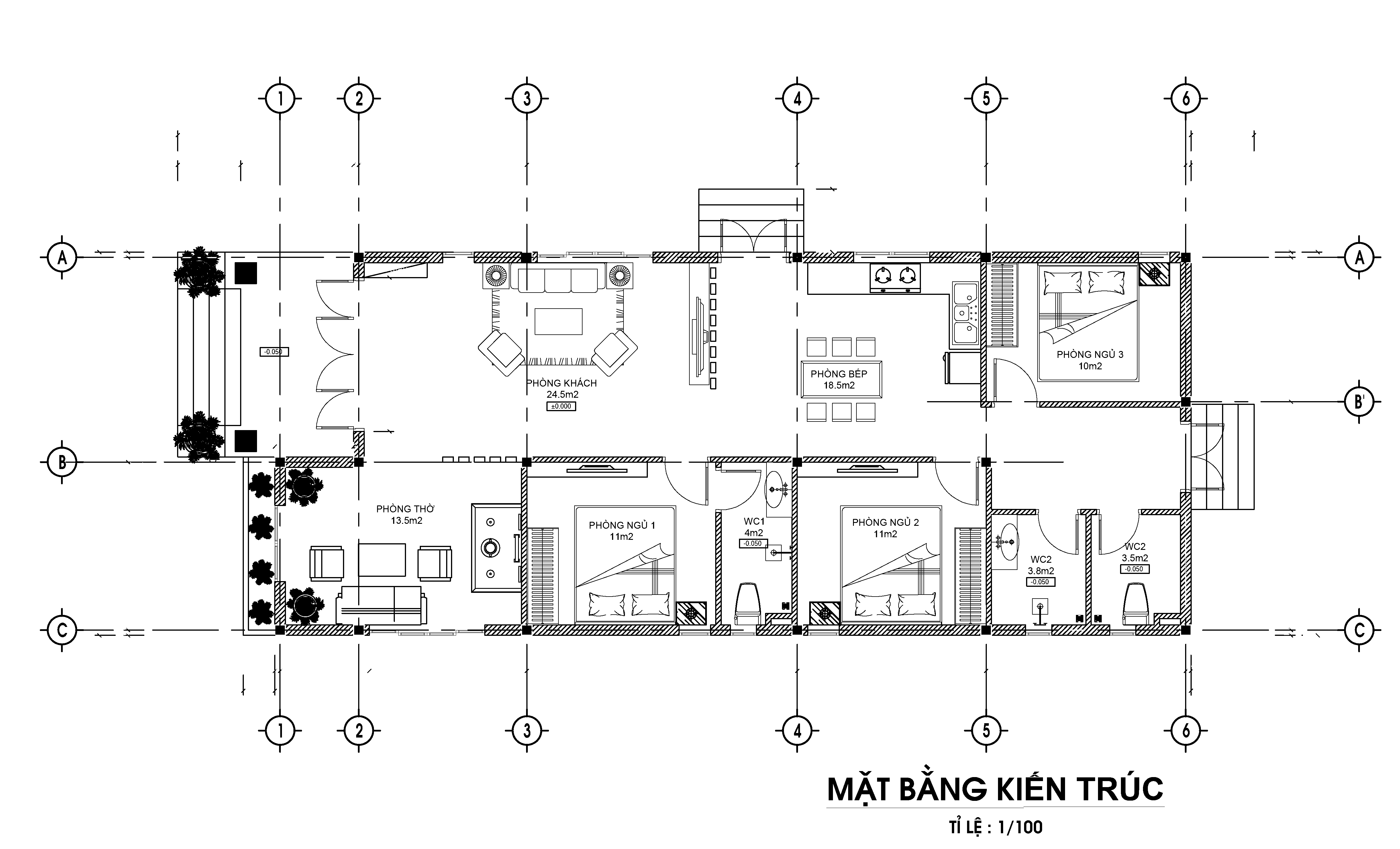 V825 | Bản vẽ thiết kế mẫu nhà mái Thái tân cổ điển 1 tầng 3 phòng ngủ, kích thước 7.3x17.5m, bản in A3 đẹp, có phối cảnh 3D