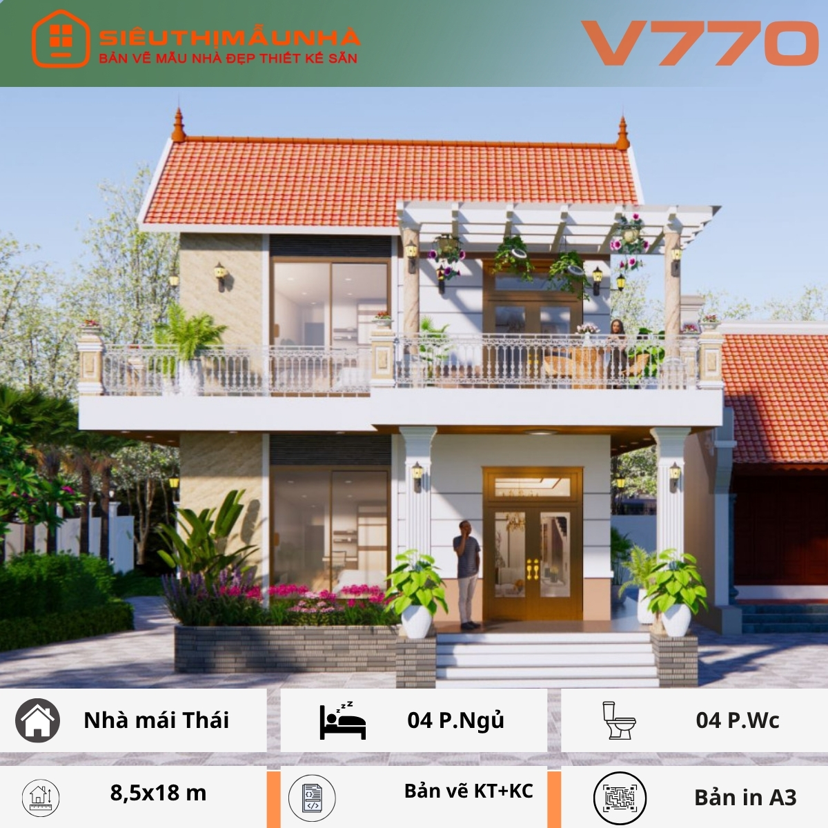 V770 | Bản vẽ thiết kế Kiến trúc, Kết cấu nhà mái Thái 2 tầng 4 phòng ngủ khép kín, kích thước 8,5x18m, in A3 đẹp, phối cảnh 3D
