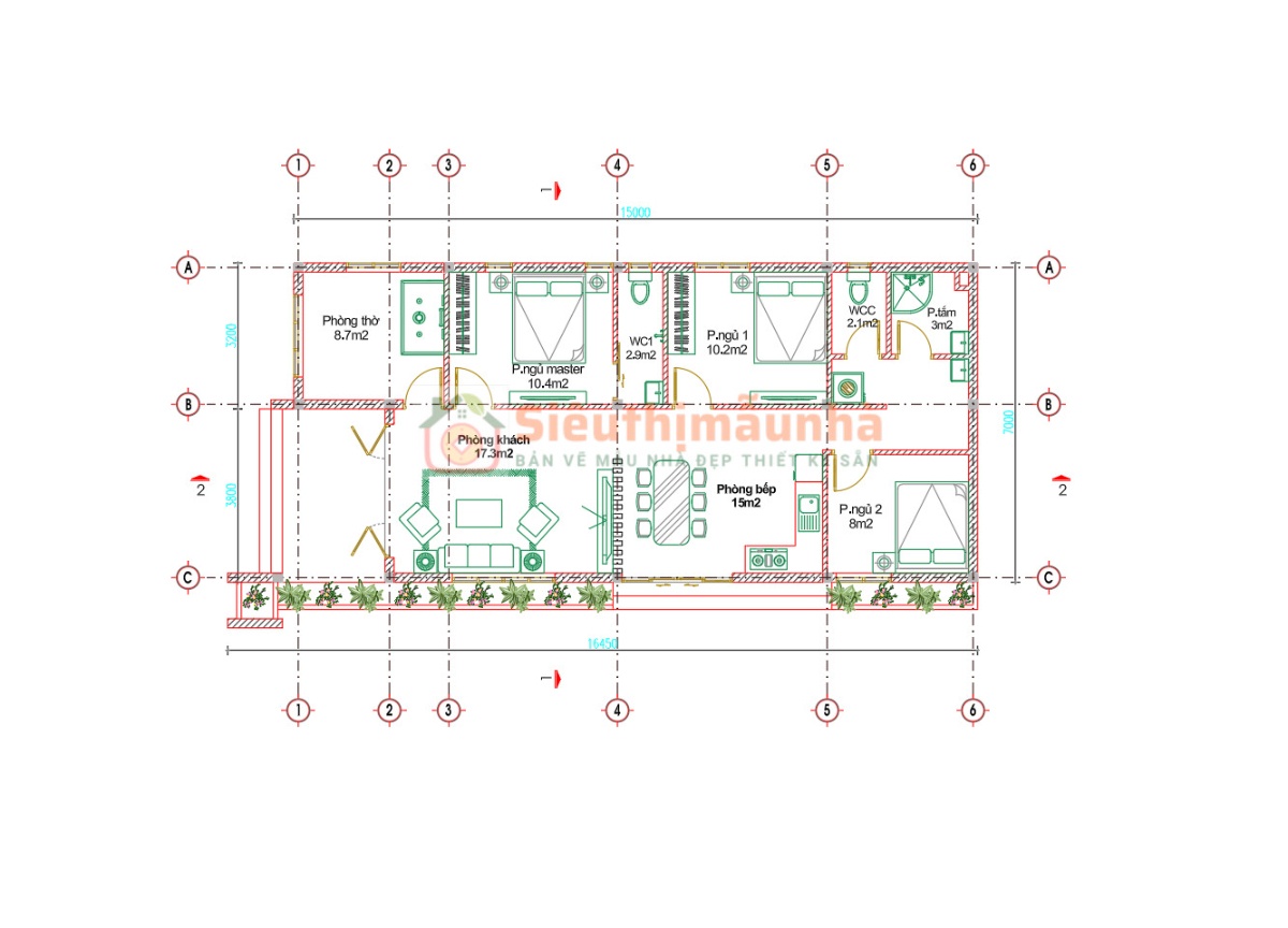 V678 | Bản vẽ thiết kế Full hồ sơ mẫu nhà mái bằng hiện đại 1 tầng 3 phòng ngủ, kích thước 7x16.5m, bản in A3 đẹp, phối cảnh 3D