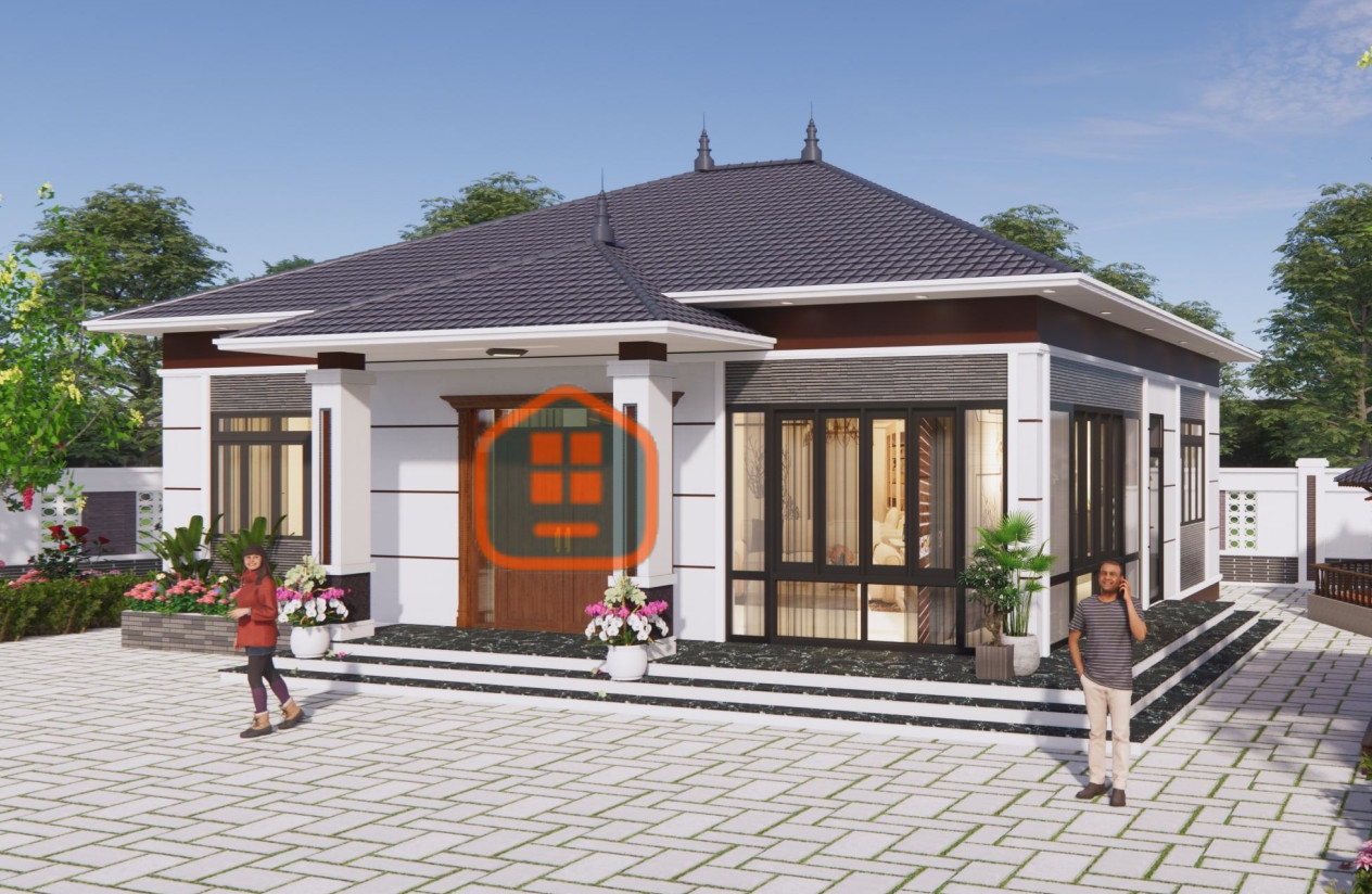 V922 | Mẫu nhà vườn mái Nhật 1 tầng hiện đại 3 phòng ngủ kích thước 12,5x12m