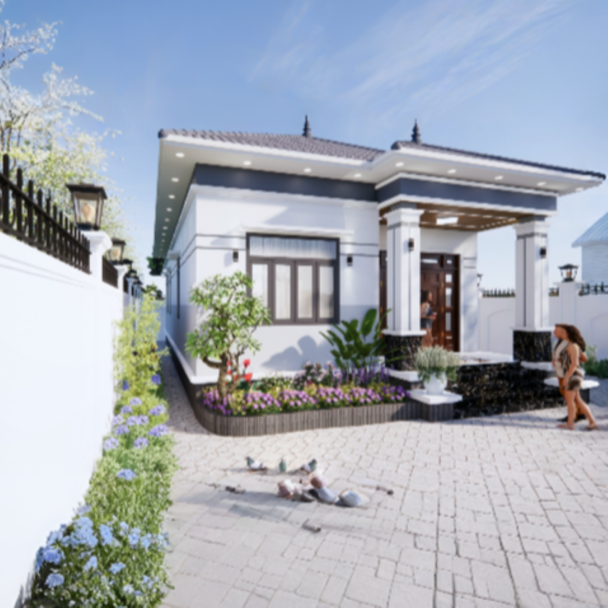 V724 | Bản vẽ thiết kế mẫu nhà vườn mái Nhật, 1 tầng 3 phòng ngủ, kích thước 11x13m, bản in A3 đẹp, có phối cảnh 3D