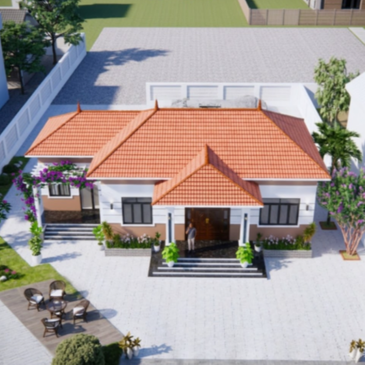 V459 | Bản vẽ thiết kế mẫu nhà cấp 4 mái Nhật hiện đại kết hợp nét truyền thống 4 phòng ngủ, bản in A3 đẹp, có phối cảnh 3D