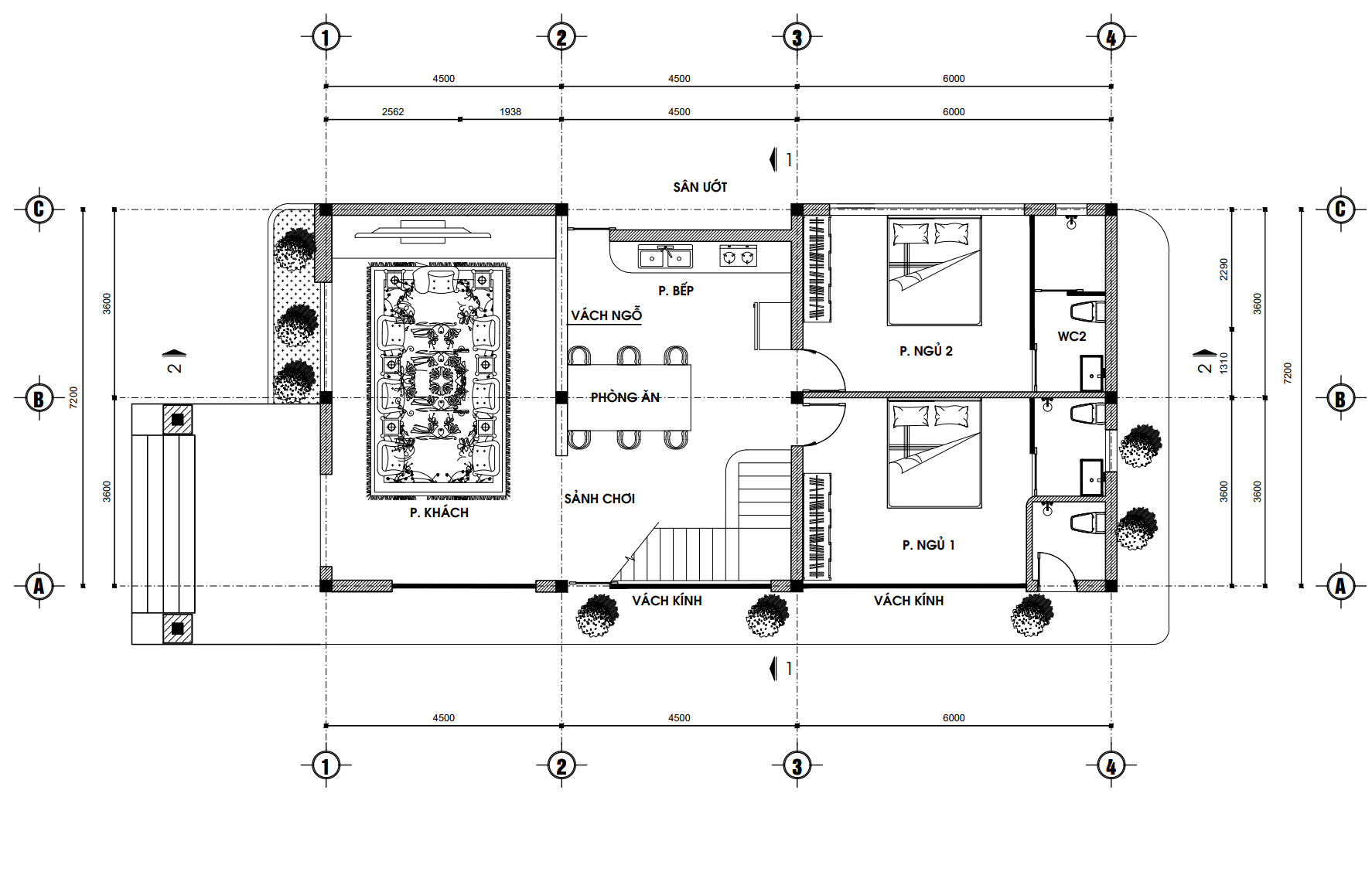 V770 | Bản vẽ thiết kế Kiến trúc, Kết cấu nhà mái Thái 2 tầng 4 phòng ngủ khép kín, kích thước 8,5x18m, in A3 đẹp, phối cảnh 3D