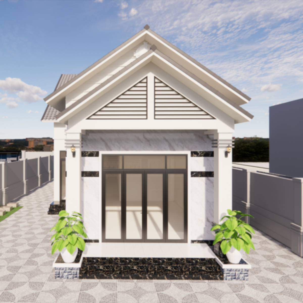 V332 | Bản vẽ thiết kế mẫu nhà mái Thái hiện đại 1 tầng 3 phòng ngủ, kích thước 7.5x21m, bản in A3 đẹp, phối cảnh 3D