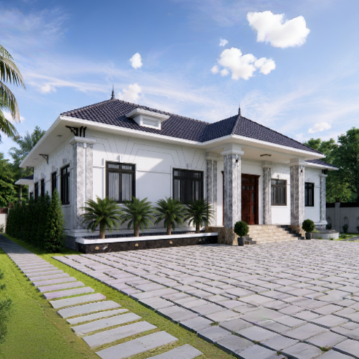V338 | Bản vẽ thiết kế mẫu nhà vườn cấp 4 mái Nhật rộng rãi 4 phòng ngủ, kích thước 20x9m, bản in A3 đẹp, có phối cảnh 3D