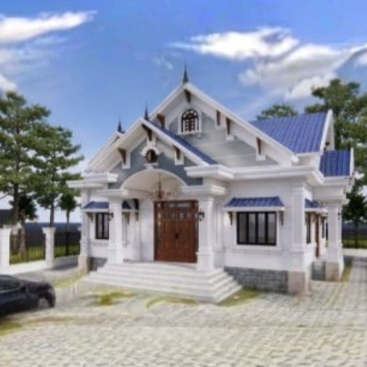 V361 | Bản vẽ thiết kế Kiến trúc mẫu nhà vườn mái Thái 1 tầng 4 phòng ngủ, kích thước 11.5x13.5m, bản in A3 đẹp, phối cảnh 3D