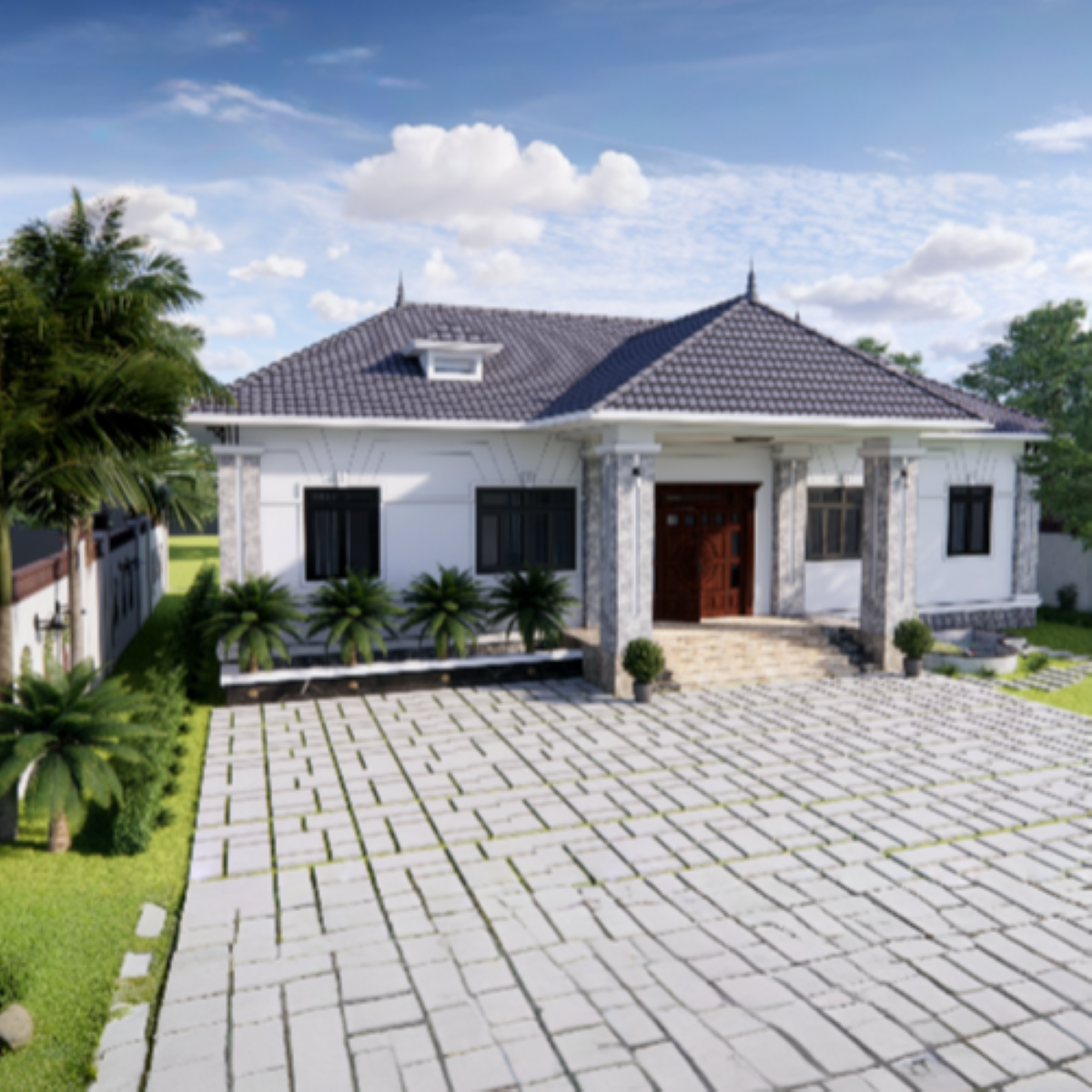 V338 | Bản vẽ thiết kế mẫu nhà vườn cấp 4 mái Nhật rộng rãi 4 phòng ngủ, kích thước 20x9m, bản in A3 đẹp, có phối cảnh 3D