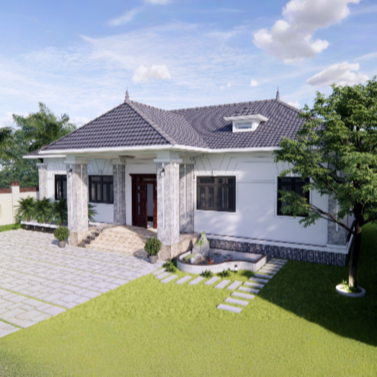 V338 | Bản vẽ thiết kế mẫu nhà vườn cấp 4 mái Nhật rộng rãi 4 phòng ngủ, kích thước 20x9m, bản in A3 đẹp, có phối cảnh 3D