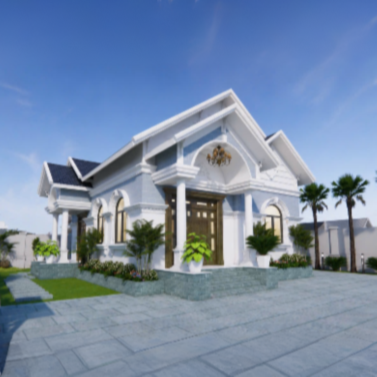 V549 | Bản vẽ thiết kế mẫu nhà vườn cấp 4 mái Thái, 3 phòng ngủ, kích thước 9.8x9.4m, bản in A3 đẹp, có phối cảnh 3D