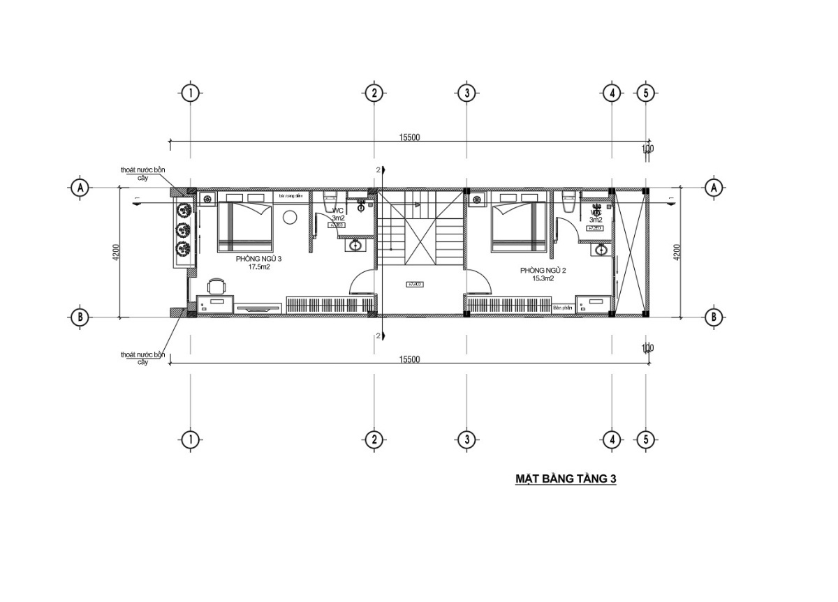 V522 | Bản vẽ thiết kế Full hồ sơ mẫu nhà phố 3 tầng 1 tum, kích thước 4.2x15.5m, 3 phòng ngủ, bản in A3 đẹp, phối cảnh 3D