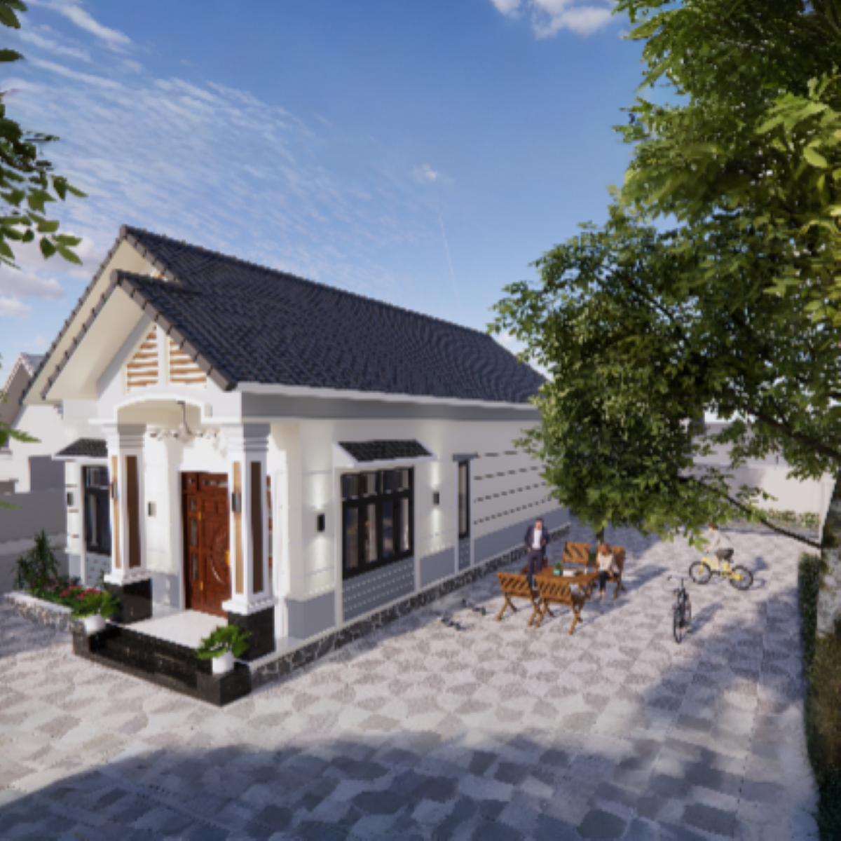 V317 | Bản vẽ thiết kế mẫu nhà cấp 4 mái Thái hiện đại, nhỏ gọn 2 phòng ngủ, kích thước 8x12.8m, bản in A3 đẹp, phối cảnh 3D