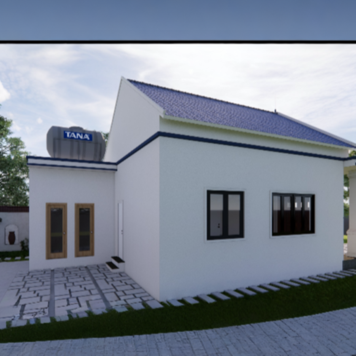 V382 | Bản vẽ thiết kế mẫu nhà cấp 4 mái Thái Tân cổ điển 3 phòng ngủ, kích thước 8.5x14.3m, bản in A3 đẹp. có phối cảnh 3D