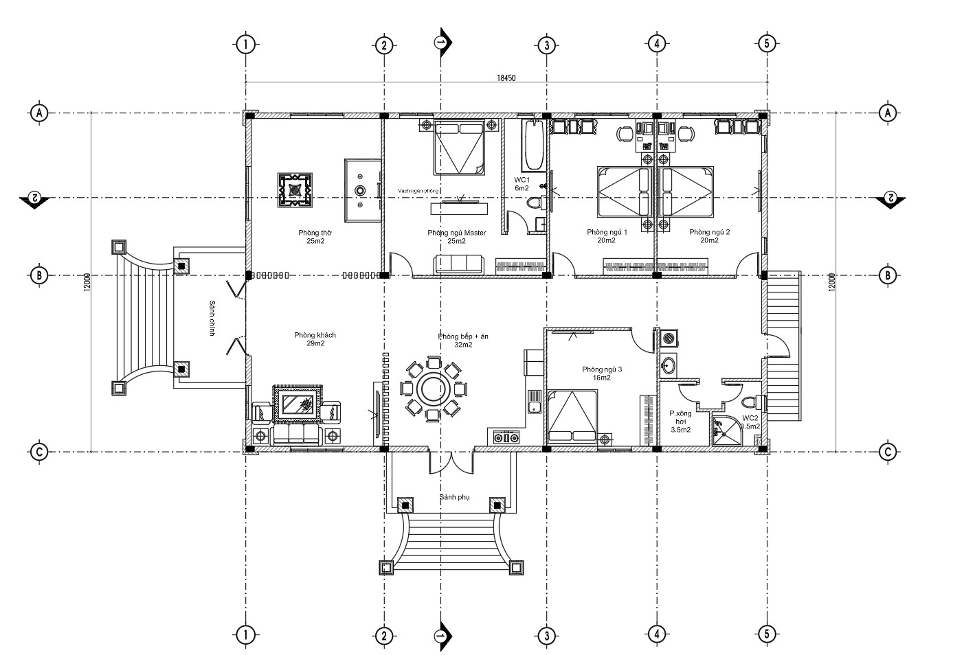 V775 | Bản vẽ thiết kế Kiến trúc, Kết cấu mái nhà mái Thái tân cổ điển, 1 tầng, kích thước 12x23m, 4 phòng ngủ, in A3 đẹp