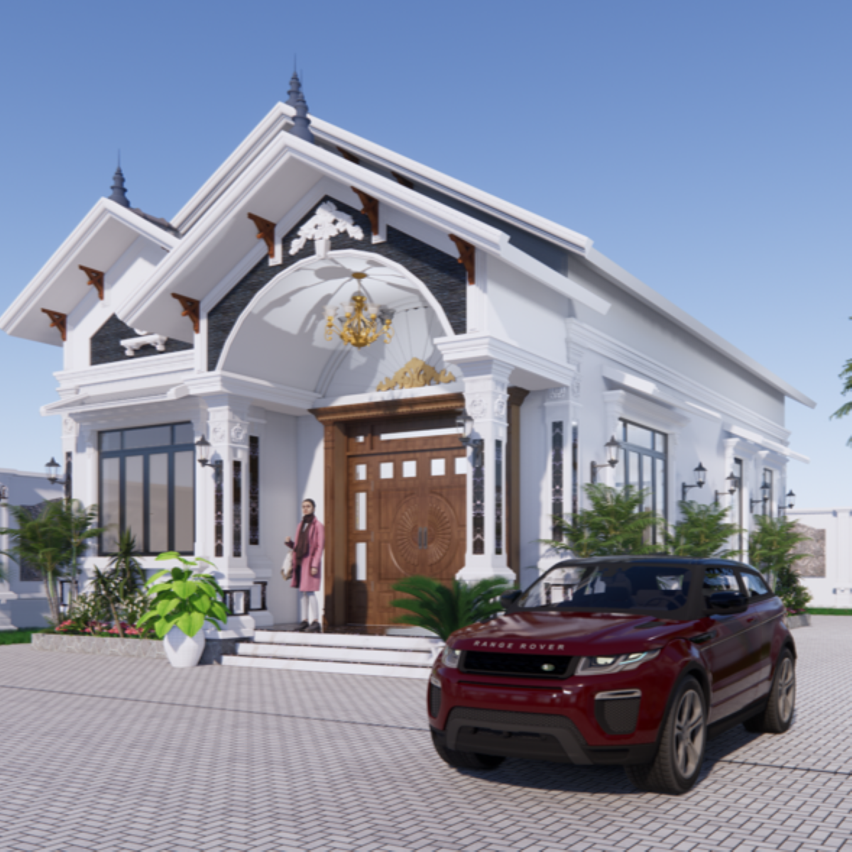 V383 | Bản vẽ thiết kế mẫu nhà cấp 4 mái Thái tân cổ điển, 3 phòng ngủ, kích thước 8.5x12.5m, bản in A3 đẹp, có phối cảnh 3D