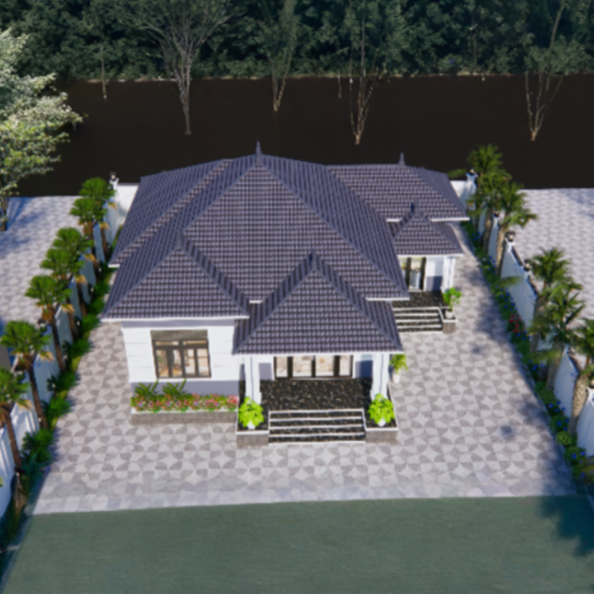 V781 | Bản vẽ thiết kế mẫu nhà mái Nhật hiện đại, 1 tầng 3 phòng ngủ, kích thước15x12.5m, bản in A3 đẹp, có phối cảnh 3D