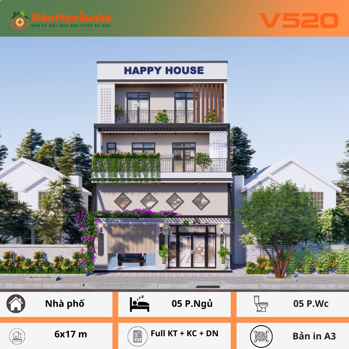 V520 | Bản vẽ thiết kế Full hồ sơ mẫu nhà phố 4 tầng có tầng lửng, 5 phòng ngủ, kích thước 9x15m, bản in A3 đẹp, phối cảnh 3D