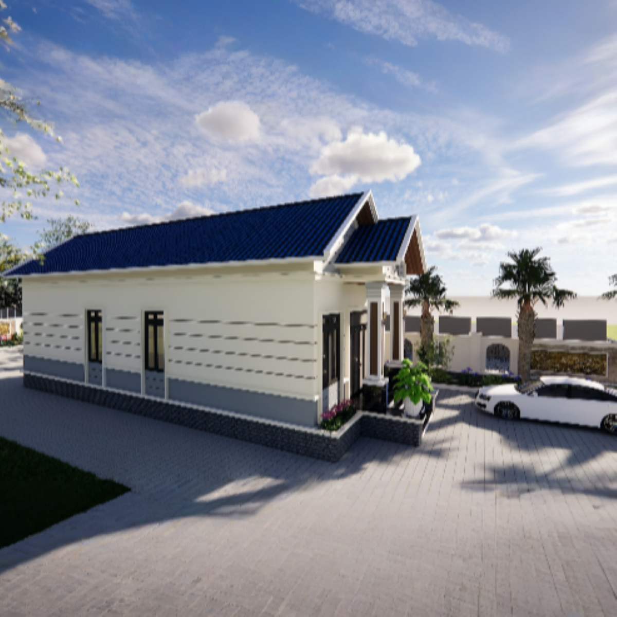V368 | Bản vẽ thiết kế Kiến trúc mẫu nhà cấp 4 mái Thái hiện đại 2 phòng ngủ, kích thước 5.2x14.3m, bản in A3 đẹp, phối cảnh 3D