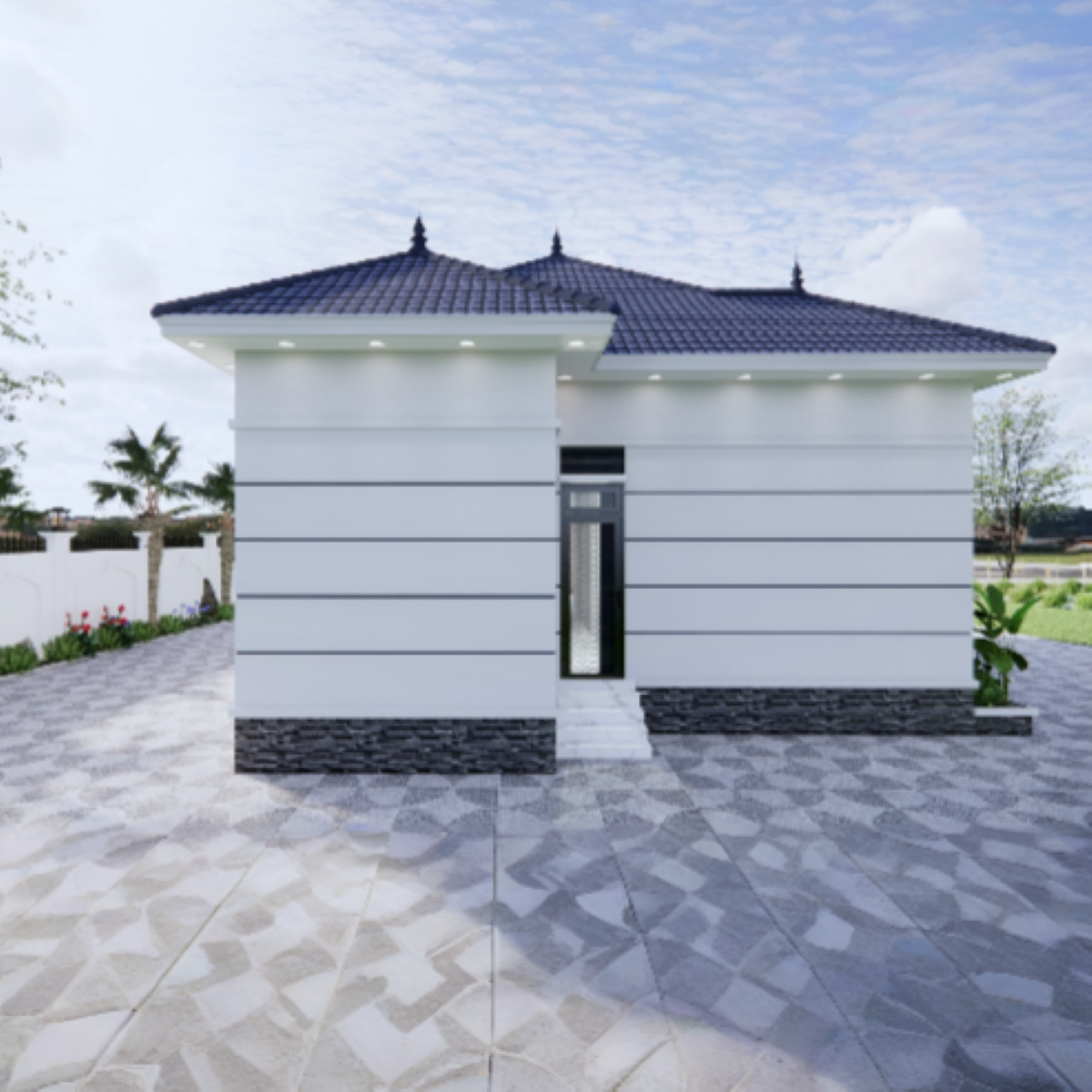 V727 | Bản vẽ thiết kế mẫu nhà cấp 4 mái Nhật bề thế, 3 phòng ngủ, kích thước 9.5x16m, bản in A3 đẹp, có phối cảnh 3D