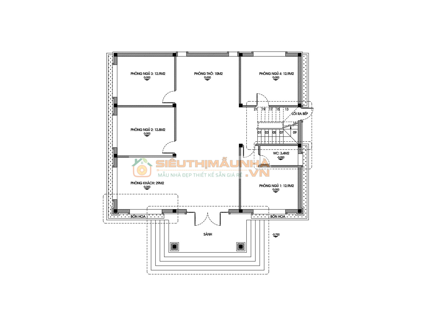 M052026 | Hồ sơ thiết kế kiến trúc mẫu nhà Mái Nhật 1 tầng 4PN kích thước 14x15m