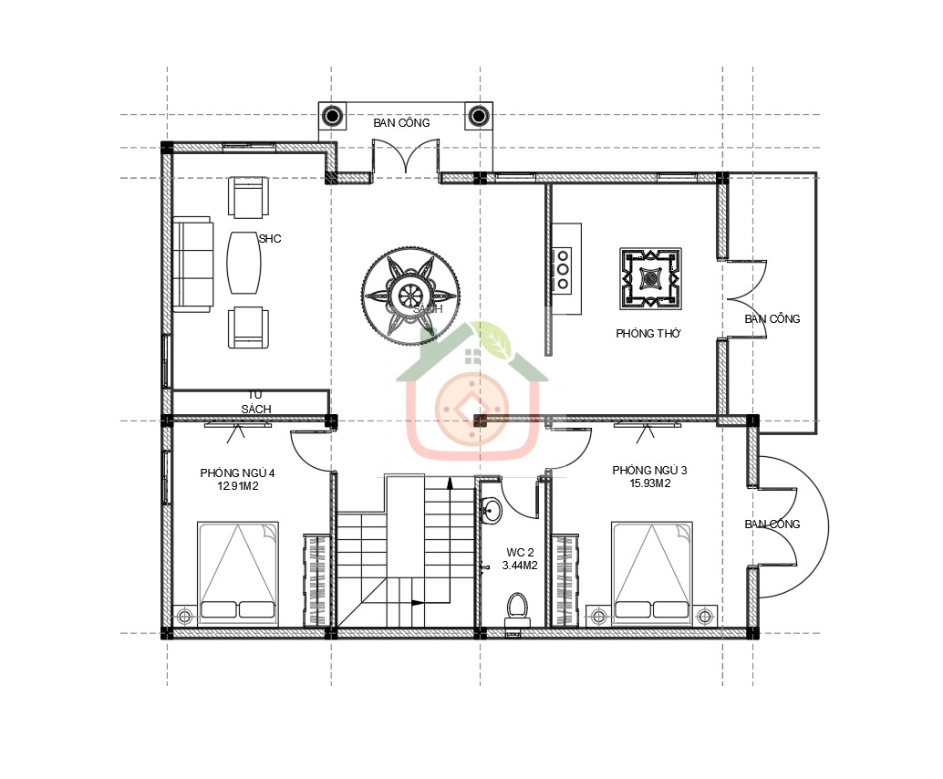 V767 | Bản vẽ kiến trúc mẫu nhà mái Thái 2 tầng 4 phòng ngủ kích thước 10,6x13,2m