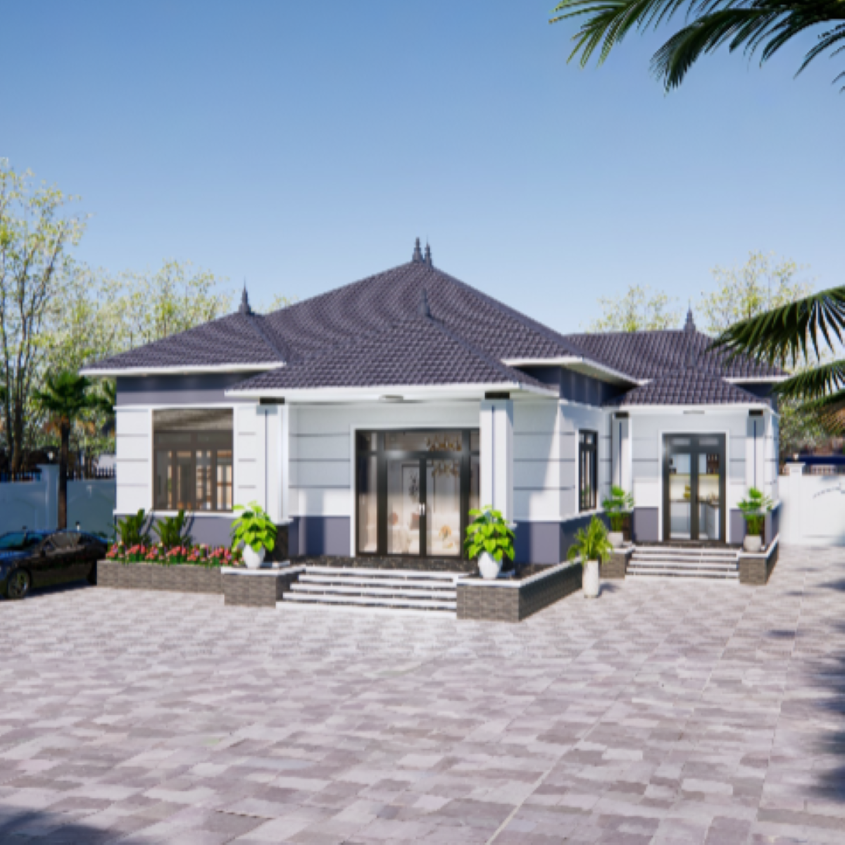 V781 | Bản vẽ thiết kế mẫu nhà mái Nhật hiện đại, 1 tầng 3 phòng ngủ, kích thước15x12.5m, bản in A3 đẹp, có phối cảnh 3D