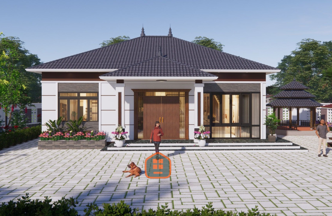 V922 | Mẫu nhà vườn mái Nhật 1 tầng hiện đại 3 phòng ngủ kích thước 12,5x12m