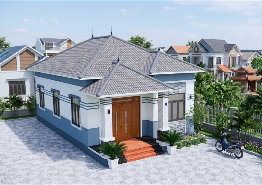 V915 | Bản vẽ thiết kế nhà mái Nhật 1 tầng hiện đại 4 phòng ngủ kích thước 13x15m