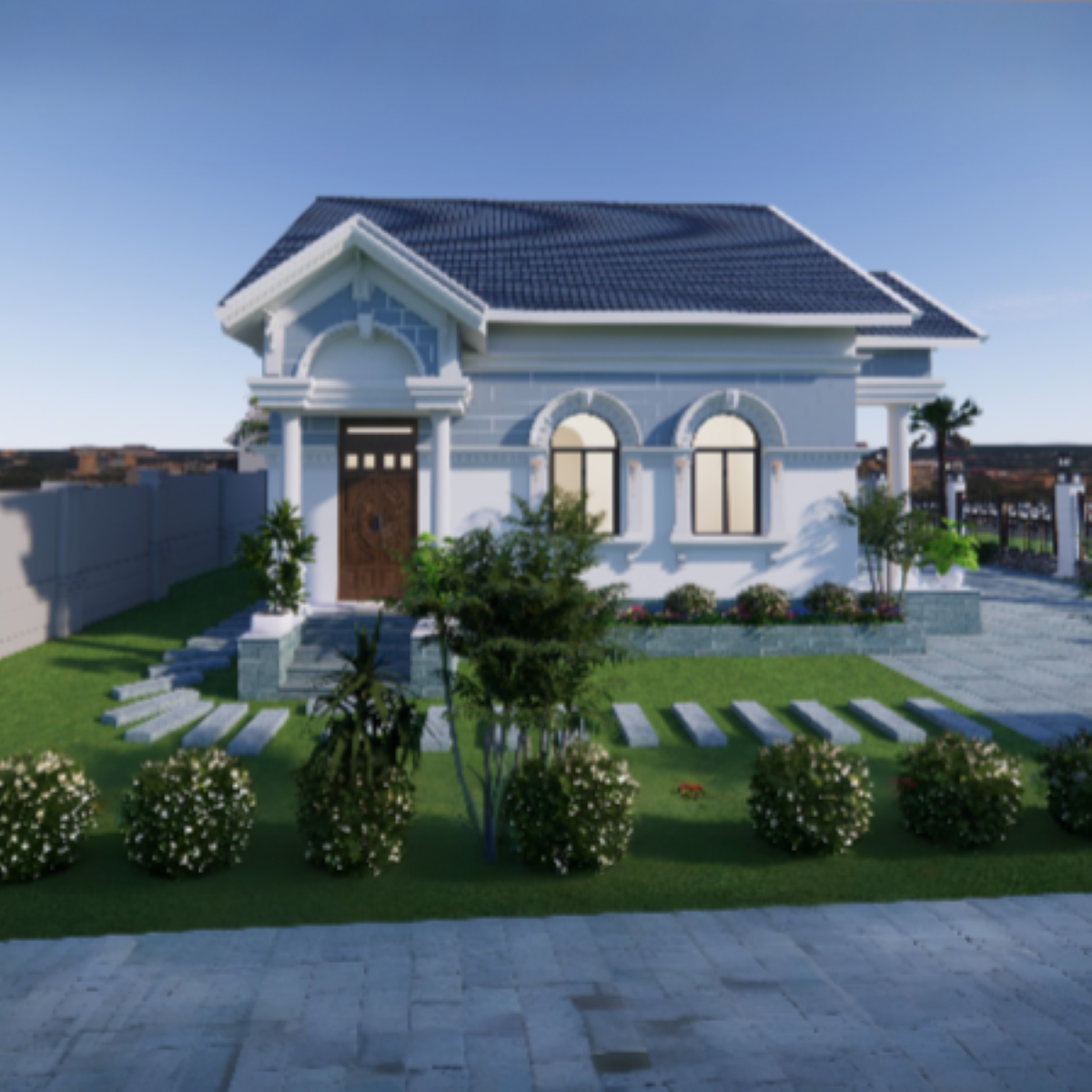 V549 | Bản vẽ thiết kế mẫu nhà vườn cấp 4 mái Thái, 3 phòng ngủ, kích thước 9.8x9.4m, bản in A3 đẹp, có phối cảnh 3D