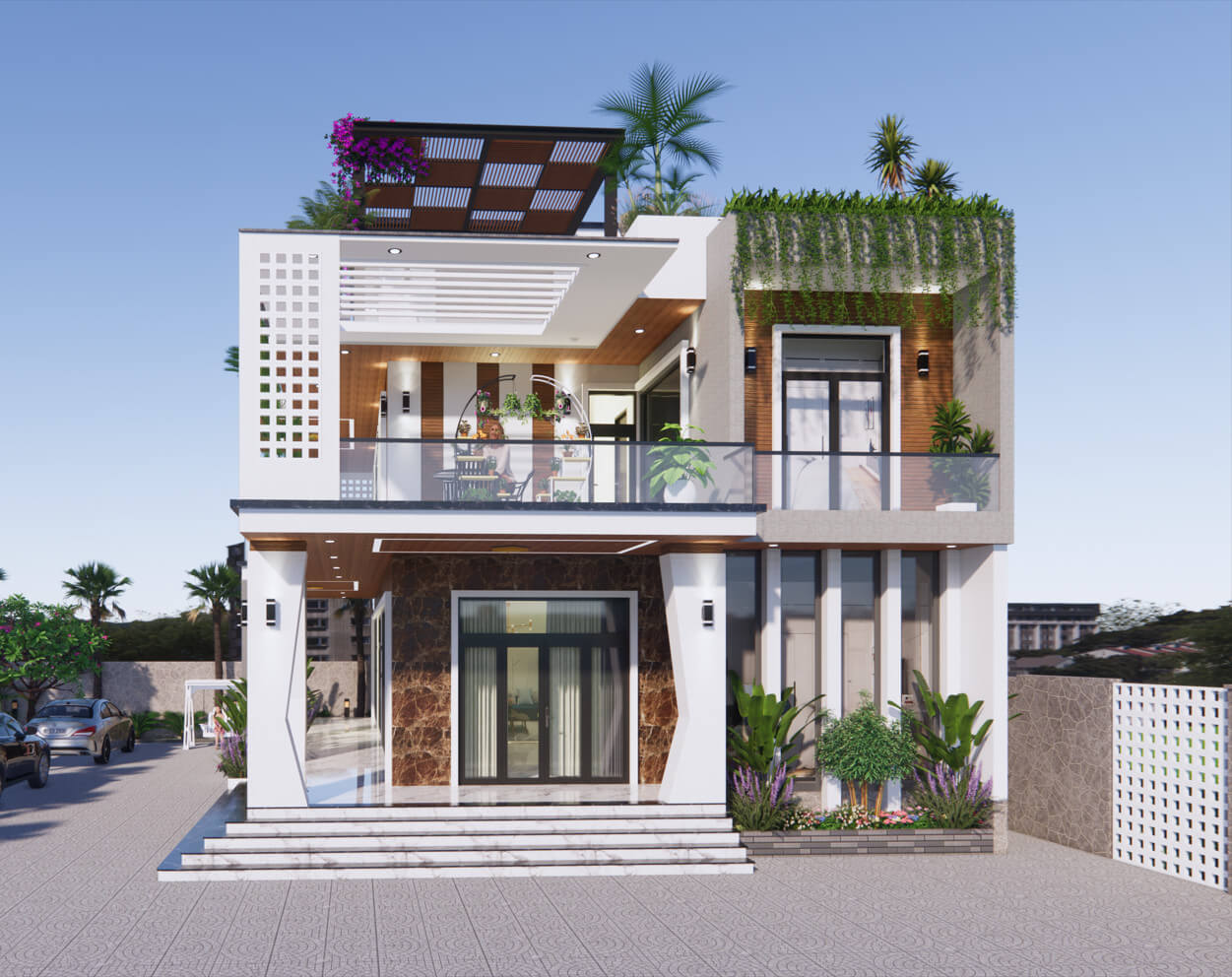 Biệt thự vườn hiện đại 2 tầng 3 phòng ngủ 18,5×11,5m | BG443