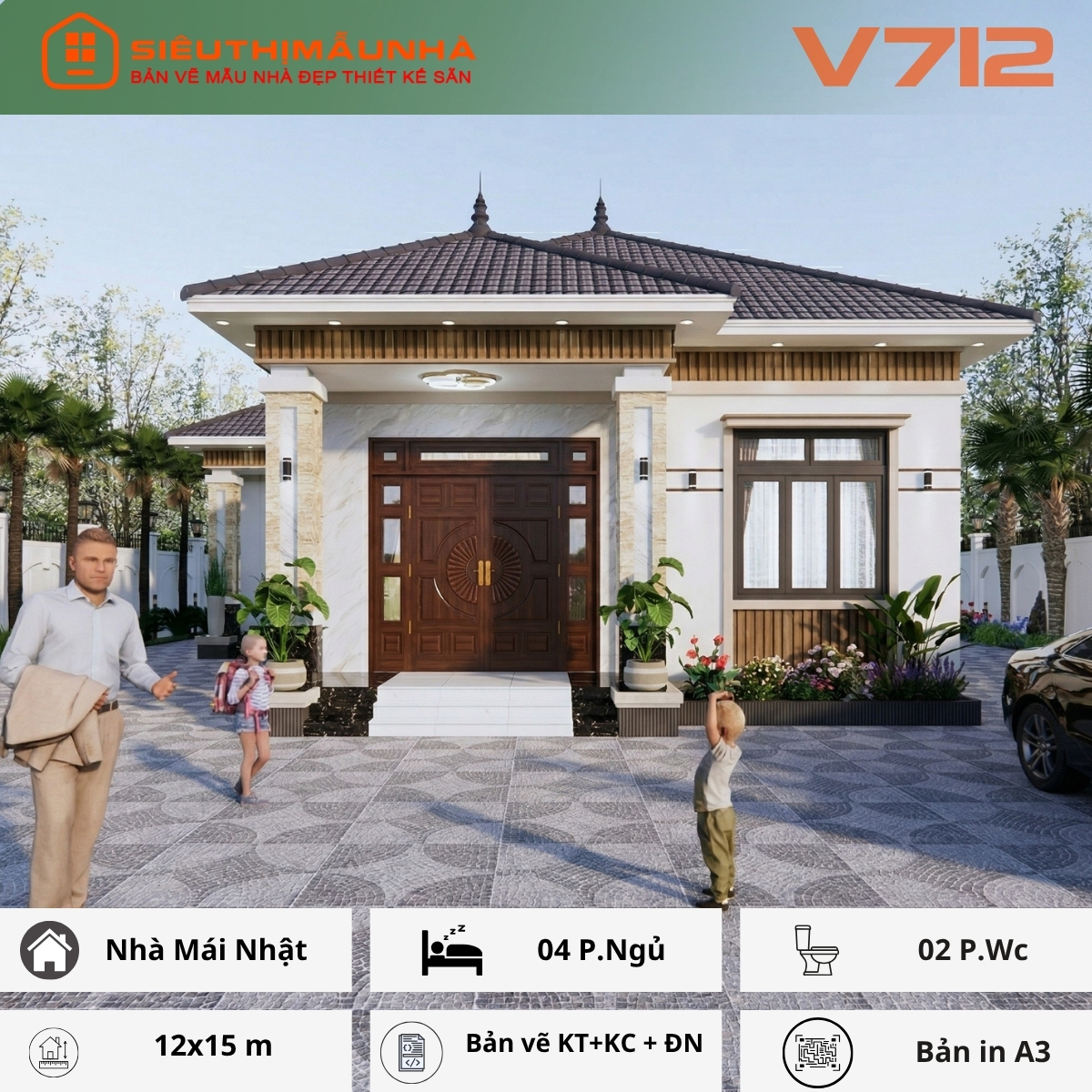 V712 | Bản vẽ thiết kế Full hồ sơ mẫu nhà mái Nhật tân cổ điển 1 tầng 4 phòng ngủ, kích thước 12x15m, bản in A3 đẹp, phối cảnh 3D