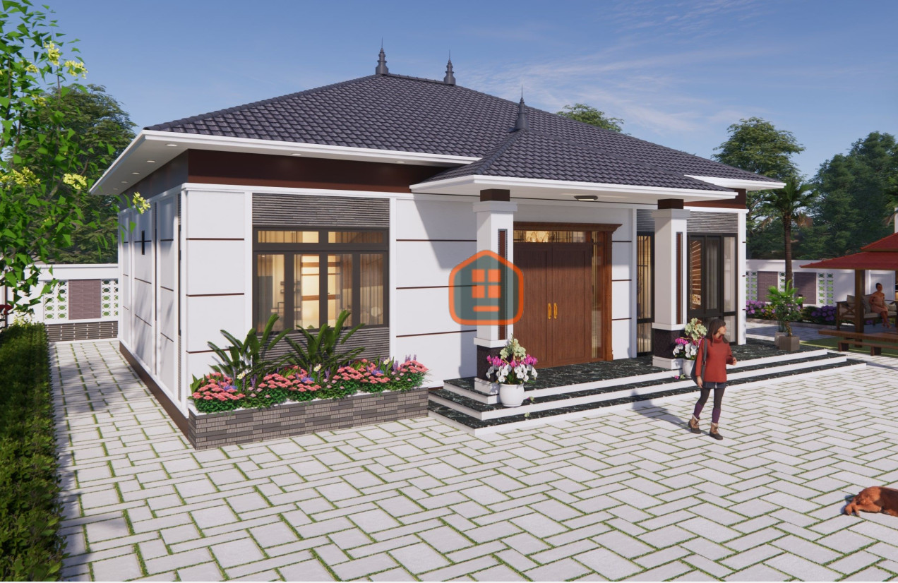 V922 | Mẫu nhà vườn mái Nhật 1 tầng hiện đại 3 phòng ngủ kích thước 12,5x12m