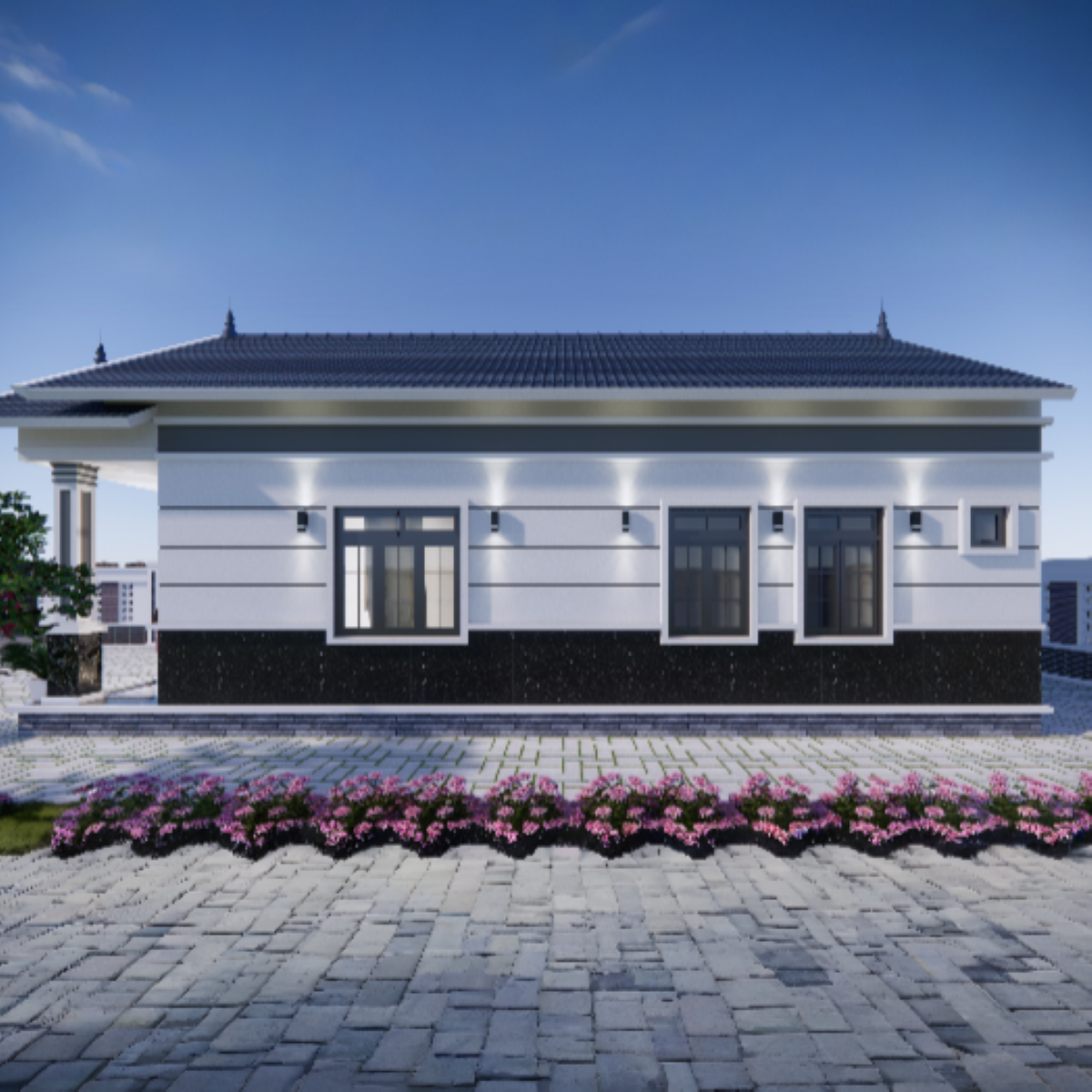 V530 | Bản vẽ thiết kế mẫu nhà mái Thái hiện đại 1 tầng 2 phòng ngủ, kích thước 8x13.5m, bản in A3 đẹp, có phối cảnh 3D
