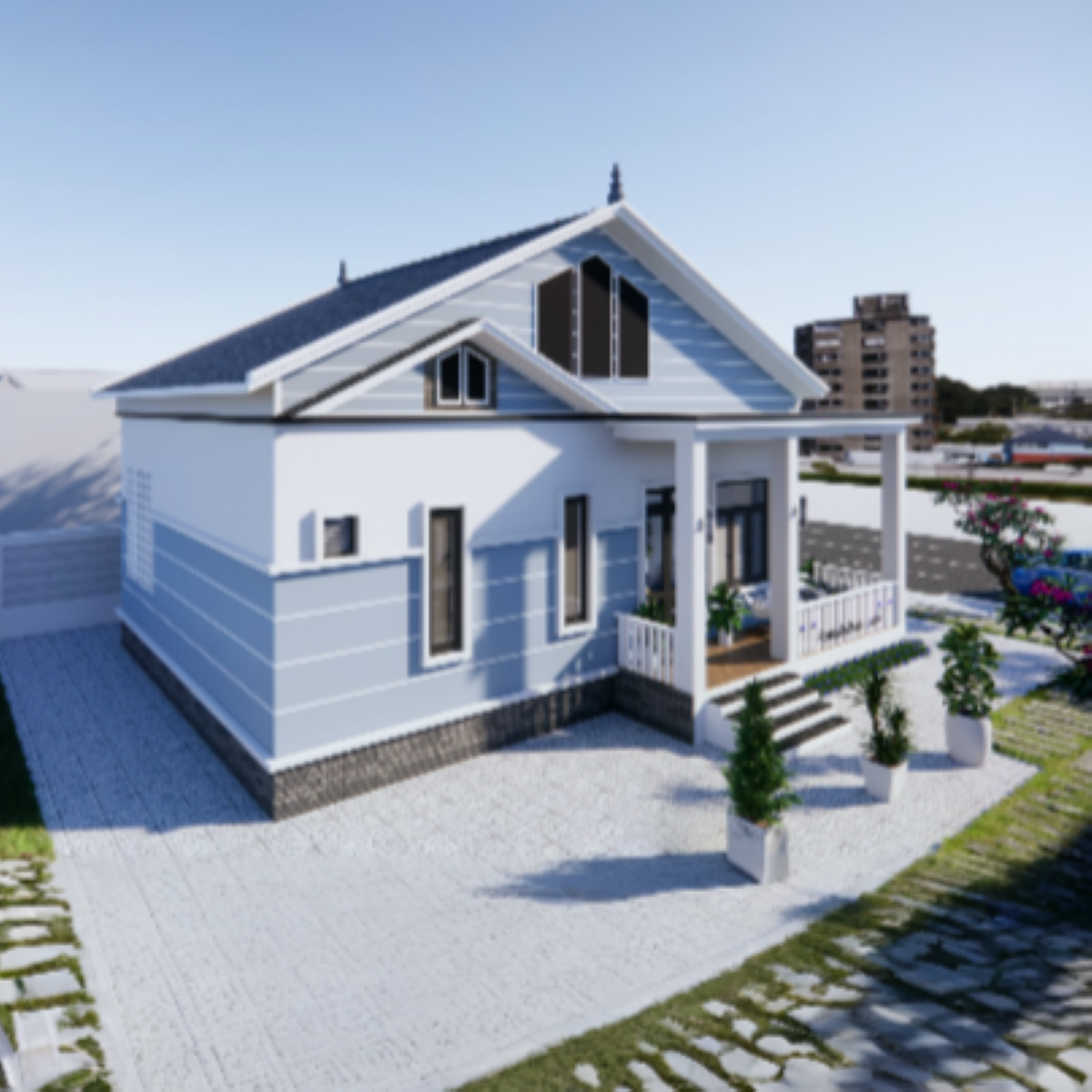 V424 | Bản vẽ thiết kế mẫu nhà vườn mái Thái hiện đại 1 tầng 2 phòng ngủ, kích thước 8x12m, bản in A3 đẹp, có phối cảnh 3D
