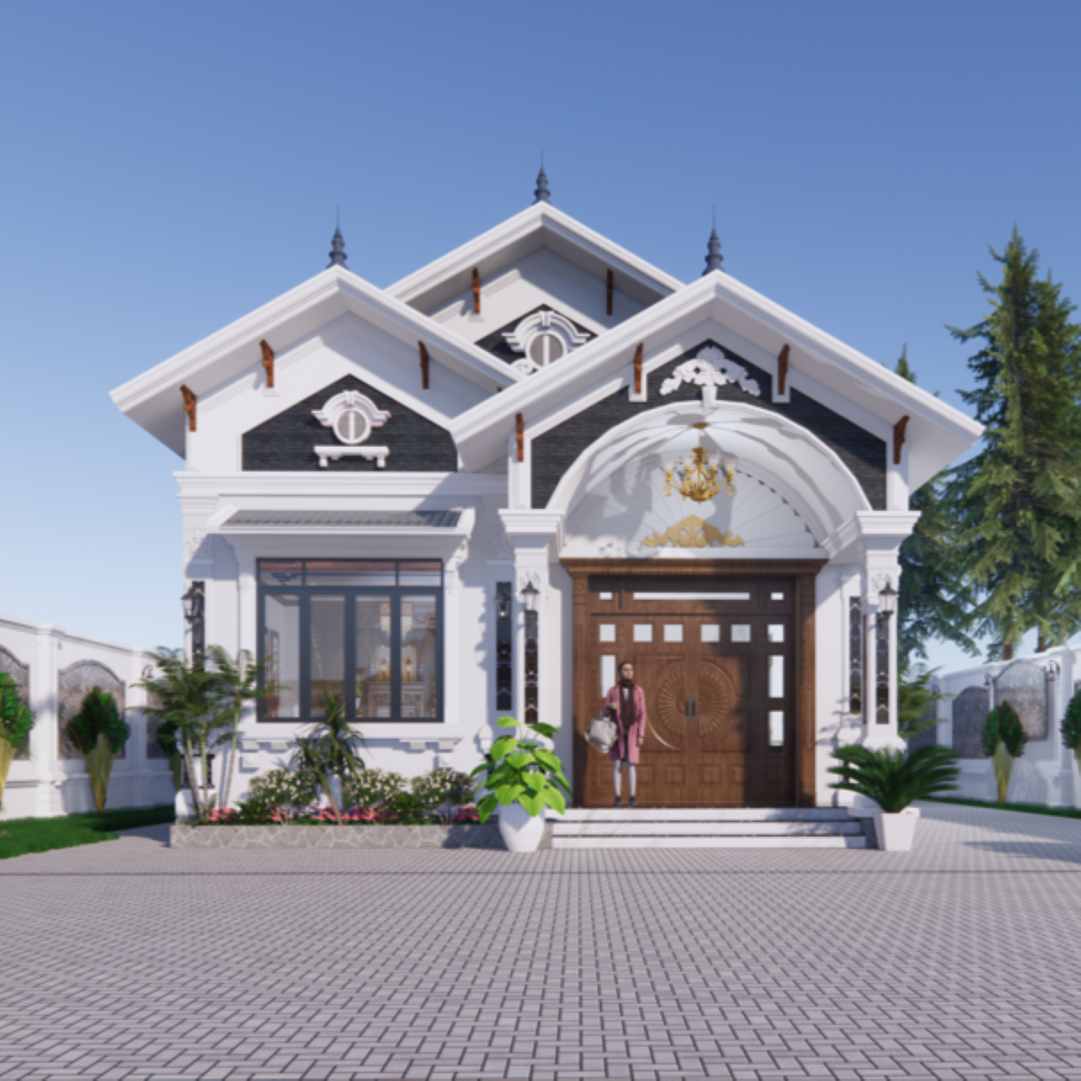 V383 | Bản vẽ thiết kế mẫu nhà cấp 4 mái Thái tân cổ điển, 3 phòng ngủ, kích thước 8.5x12.5m, bản in A3 đẹp, có phối cảnh 3D