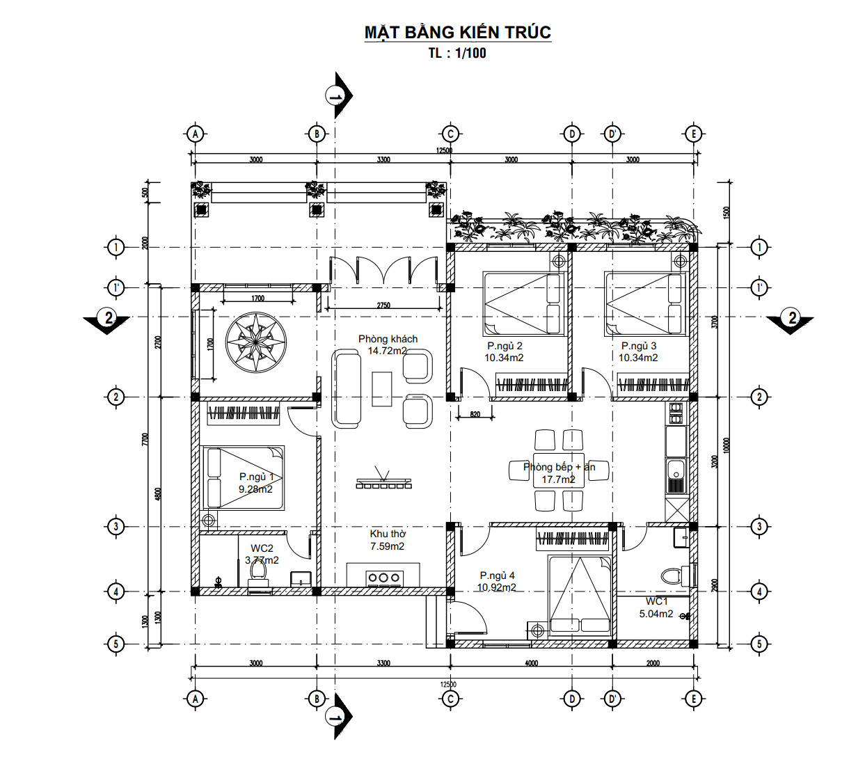 V814 | Bản vẽ kiến trúc mẫu nhà mái Nhật 1 tầng 4 phòng ngủ kích thước 12,5x11,5m