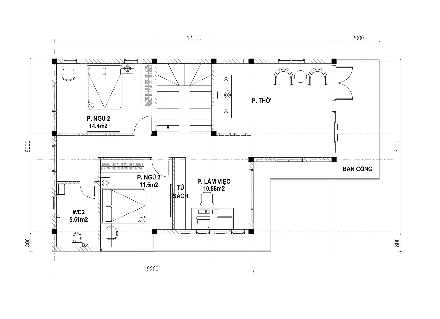 V731 | Bản vẽ phương án công năng mẫu nhà mái Nhật 2 tầng 3 phòng ngủ và 1 phòng làm việc, kích thước 8x15m, bản in A3 đẹp