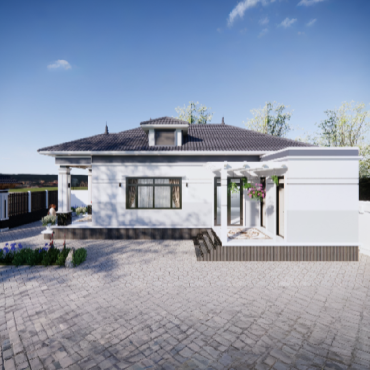 V724 | Bản vẽ thiết kế mẫu nhà vườn mái Nhật, 1 tầng 3 phòng ngủ, kích thước 11x13m, bản in A3 đẹp, có phối cảnh 3D