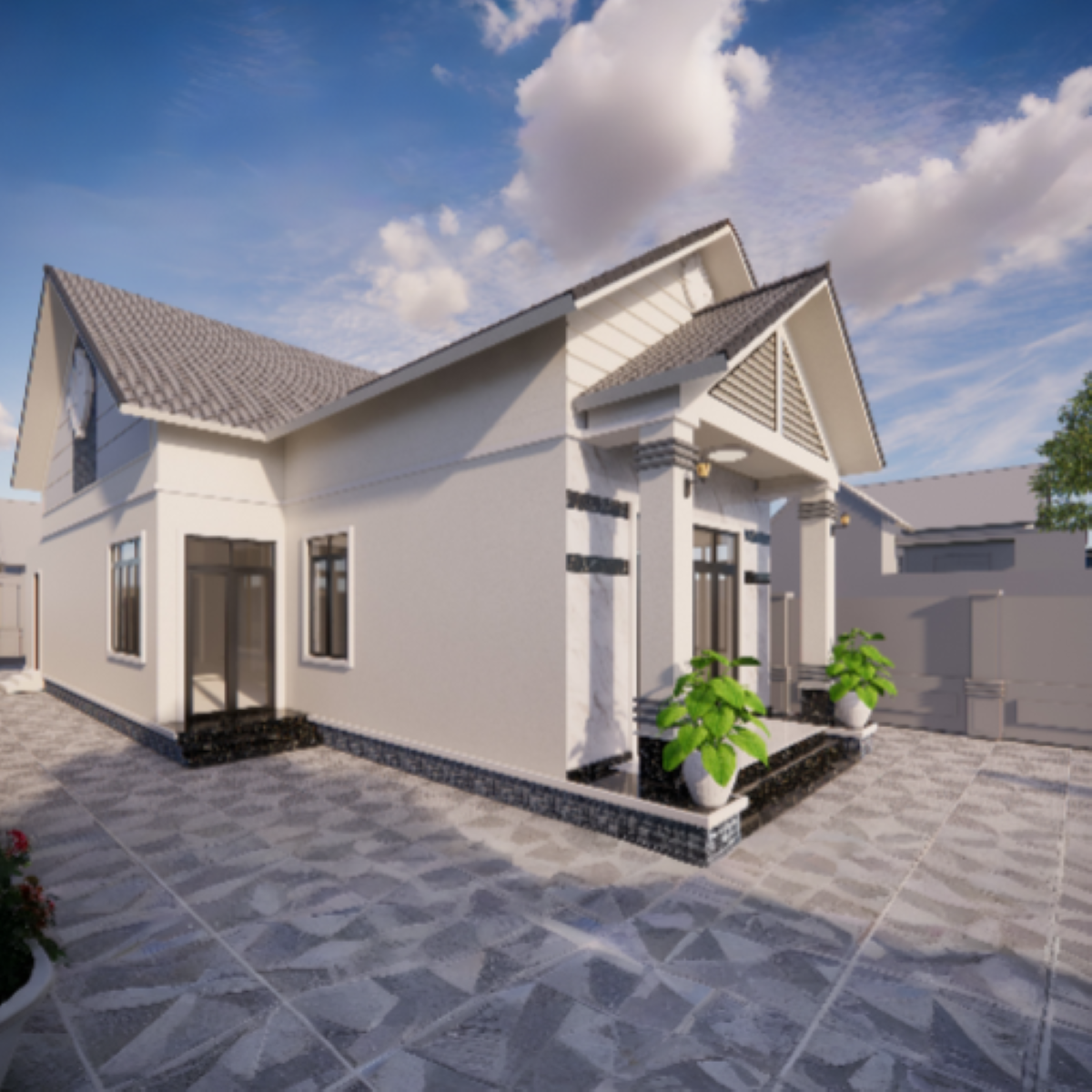 V332 | Bản vẽ thiết kế mẫu nhà mái Thái hiện đại 1 tầng 3 phòng ngủ, kích thước 7.5x21m, bản in A3 đẹp, phối cảnh 3D