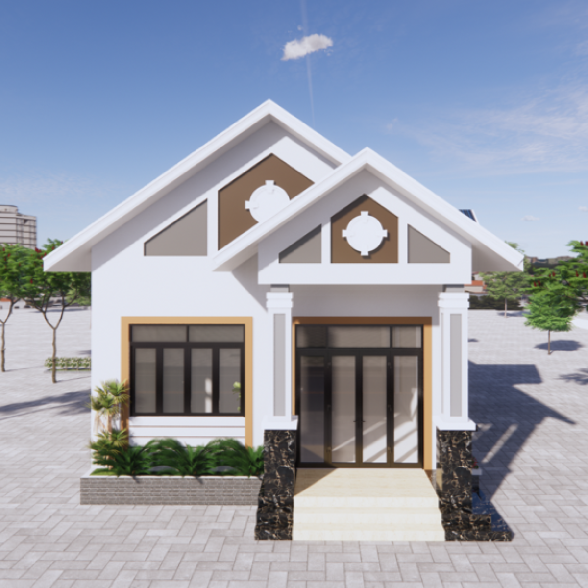 V326 | Bản vẽ thiết kế mẫu nhà cấp 4 mái Thái hiện đại 3 phòng ngủ, kích thước 7x13m, bản in A3 đẹp, có phối cảnh 3D