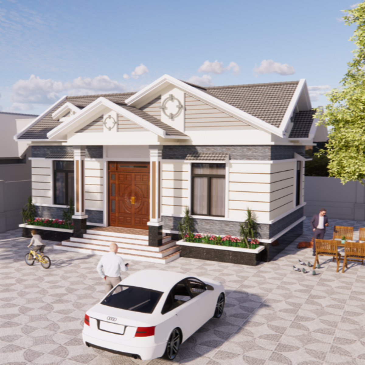 V330 | Bản vẽ thiết kế mẫu nhà cấp 4 mái Thái nhỏ gọn, 2 phòng ngủ, kích thước 11.5x7m, bản in A3 đẹp, có phối cảnh 3D