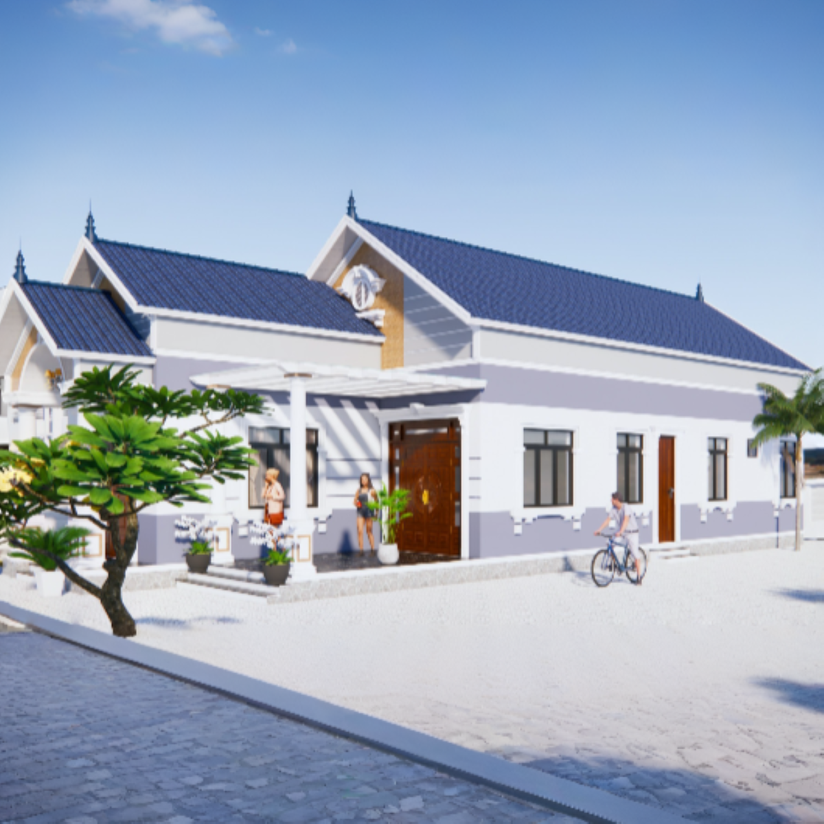 V426 | Bản vẽ thiết kế mẫu nhà mái Thái tân cổ điển 1 tầng 3 phòng ngủ, kích thước 7.5x20m, bản in A3 đẹp, có phối cảnh 3D